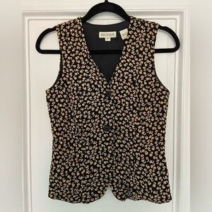 Ann Taylor Vintage Y2K Yellow & Black Floral Button Up Sleeveless Vest 2 Petite